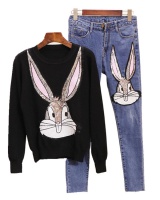 Sequins slim jeans rabbit sweater 2pcs set