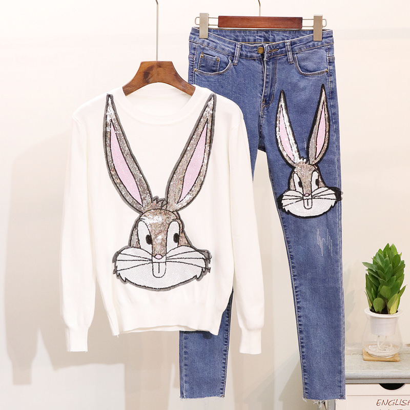 Sequins slim jeans rabbit sweater 2pcs set