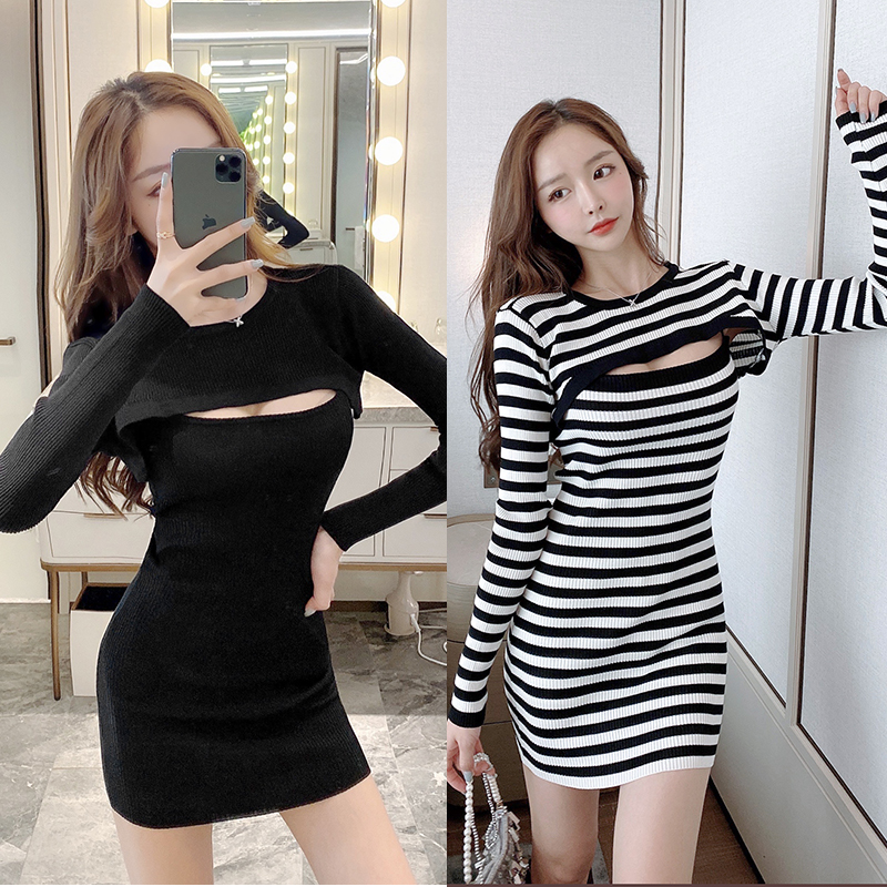 Knitted sling sexy retro long sleeve dress 2pcs set