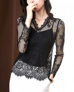 Lace long sleeve tops slim perspective small shirt for women