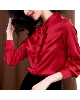 All-match satin Casual lotus leaf edges shirt for women