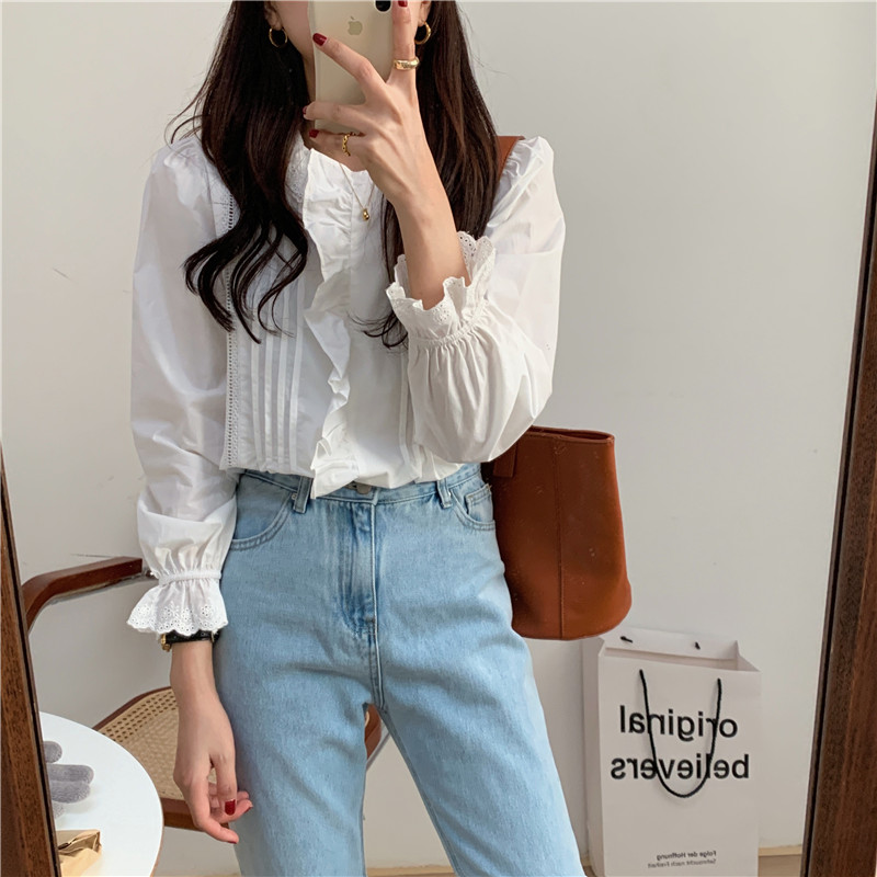 Long sleeve Korean style splice pure lace shirt