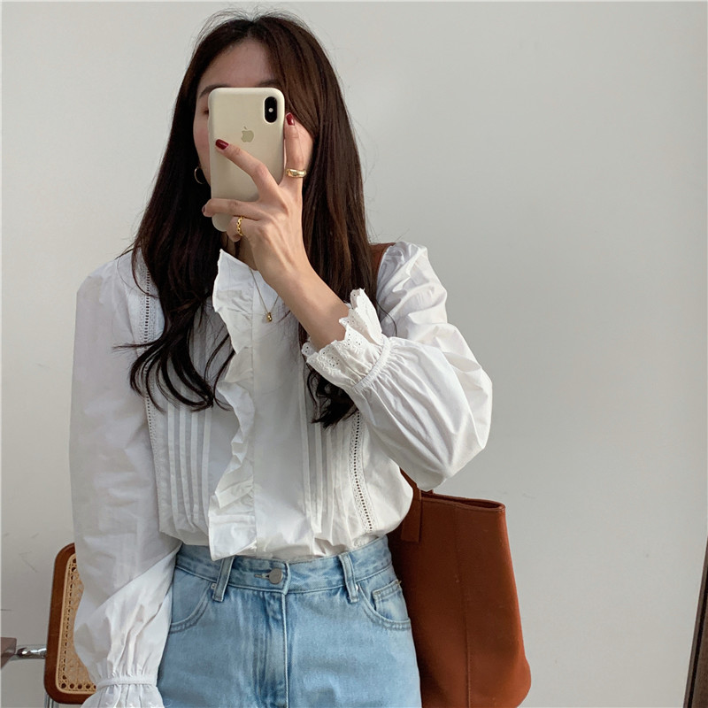 Long sleeve Korean style splice pure lace shirt