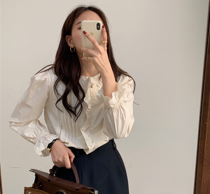 Long sleeve Korean style splice pure lace shirt