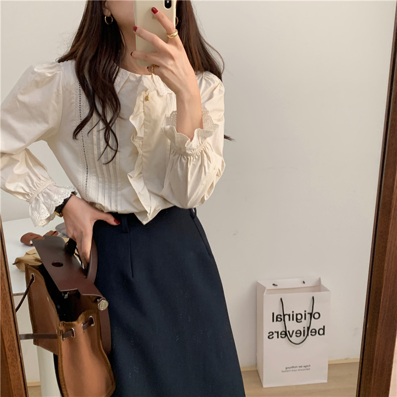 Long sleeve Korean style splice pure lace shirt