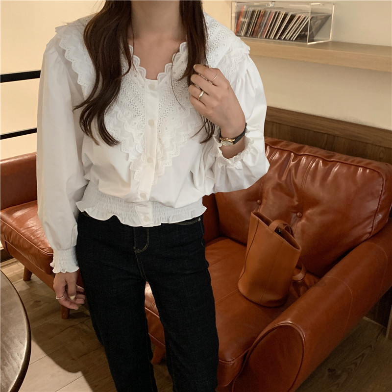 Korean style fine slim lace pinched waist V-neck shirt