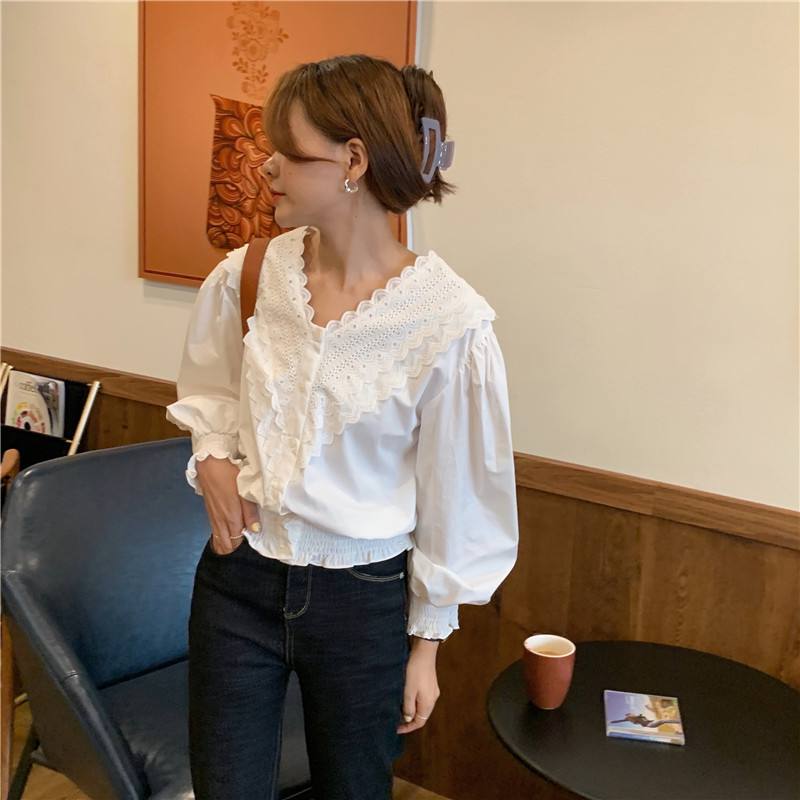 Korean style fine slim lace pinched waist V-neck shirt