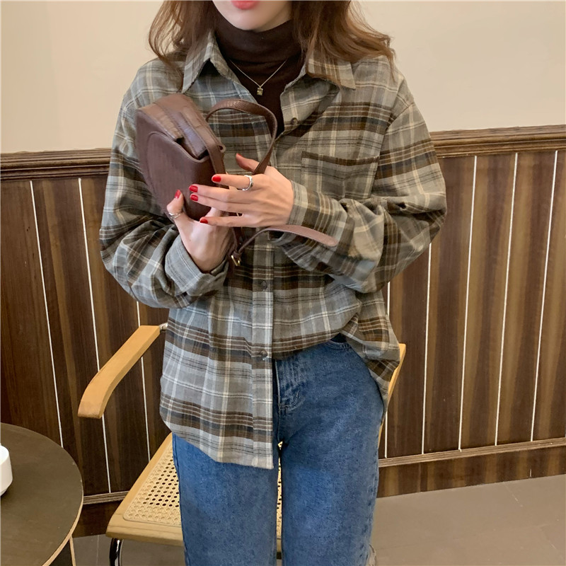 Simple long sleeve plaid all-match thick shirt