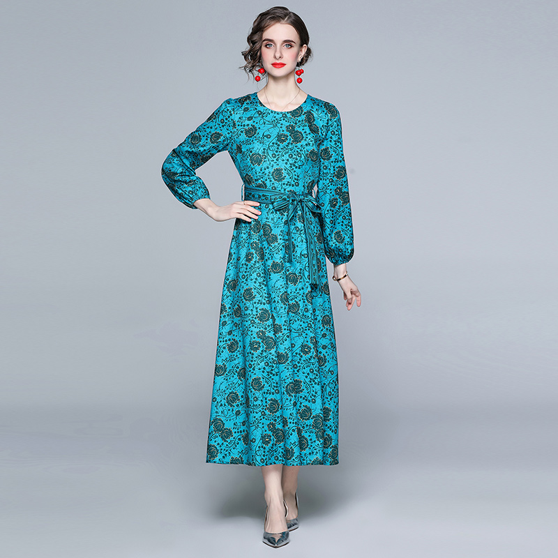 Court style slim blue-green long sleeve lengthen dress