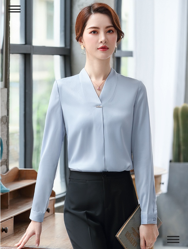 White Casual V-neck autumn temperament shirt for women