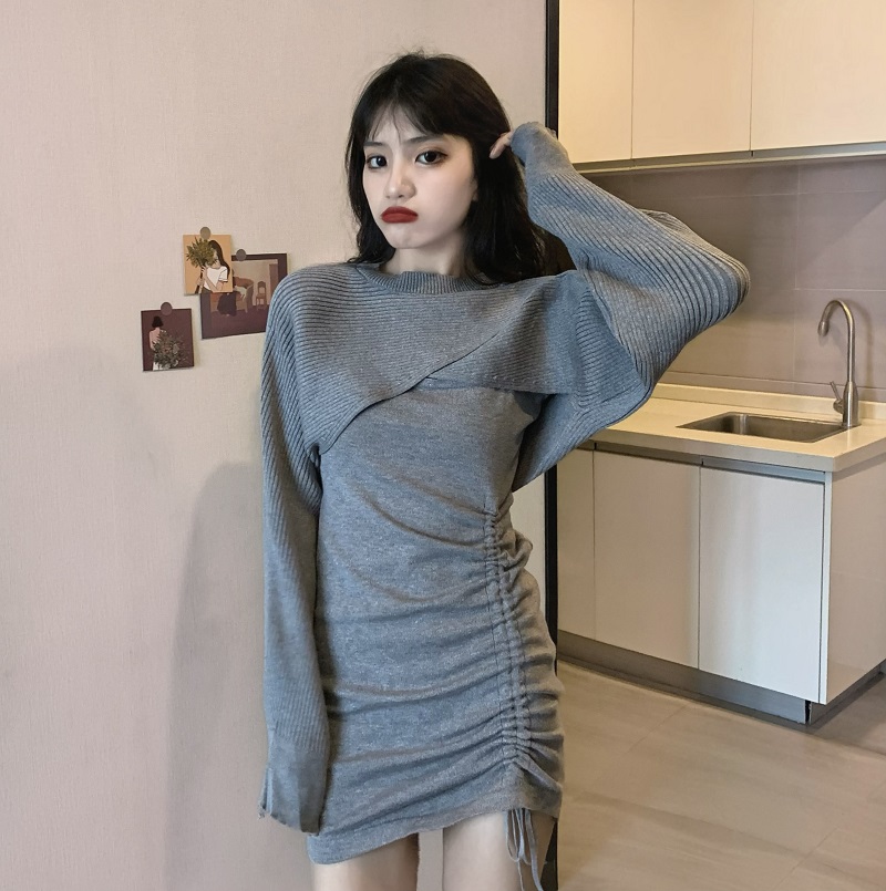Fold sling sweater cross long sleeve dress 2pcs set