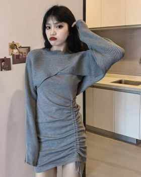 Fold sling sweater cross long sleeve dress 2pcs set