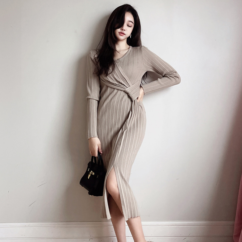 Split slim package hip dress knitted pinched waist sweater