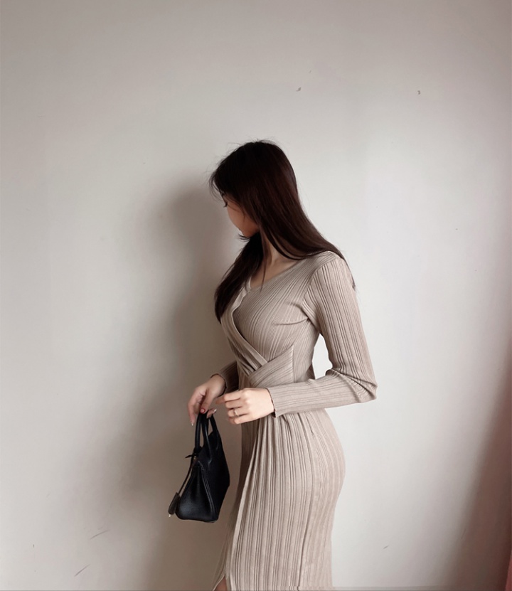 Split slim package hip dress knitted pinched waist sweater