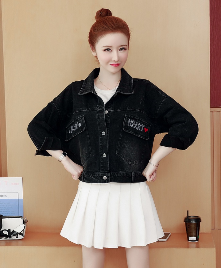 All-match black denim coat short embroidery jacket