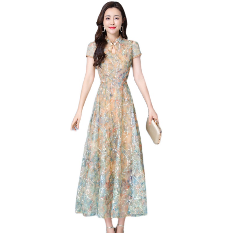 Long retro spring and summer cheongsam lace slim dress for women