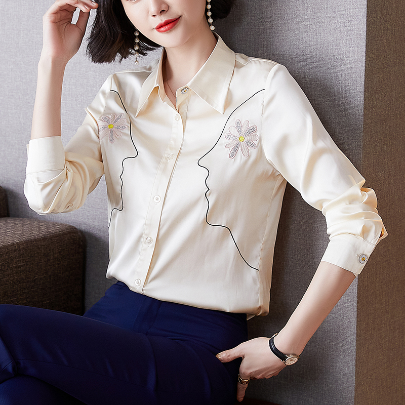 Fashion embroidered tops spring silk shirt for women
