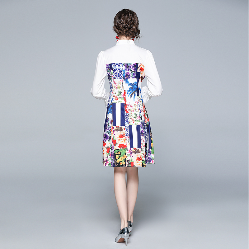 France style splice printing long sleeve dress for women