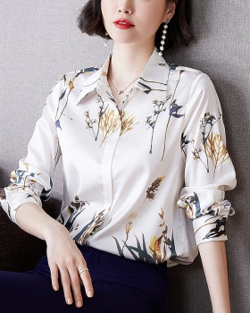 Fashion satin spring tops real silk printing shirt