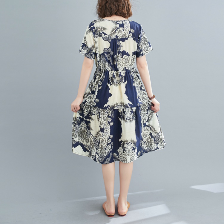 Printing long spring and summer V-neck drawstring dress