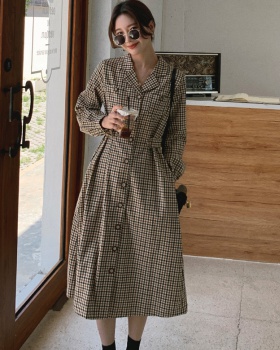 Bottoming retro plaid long sleeve dress for women