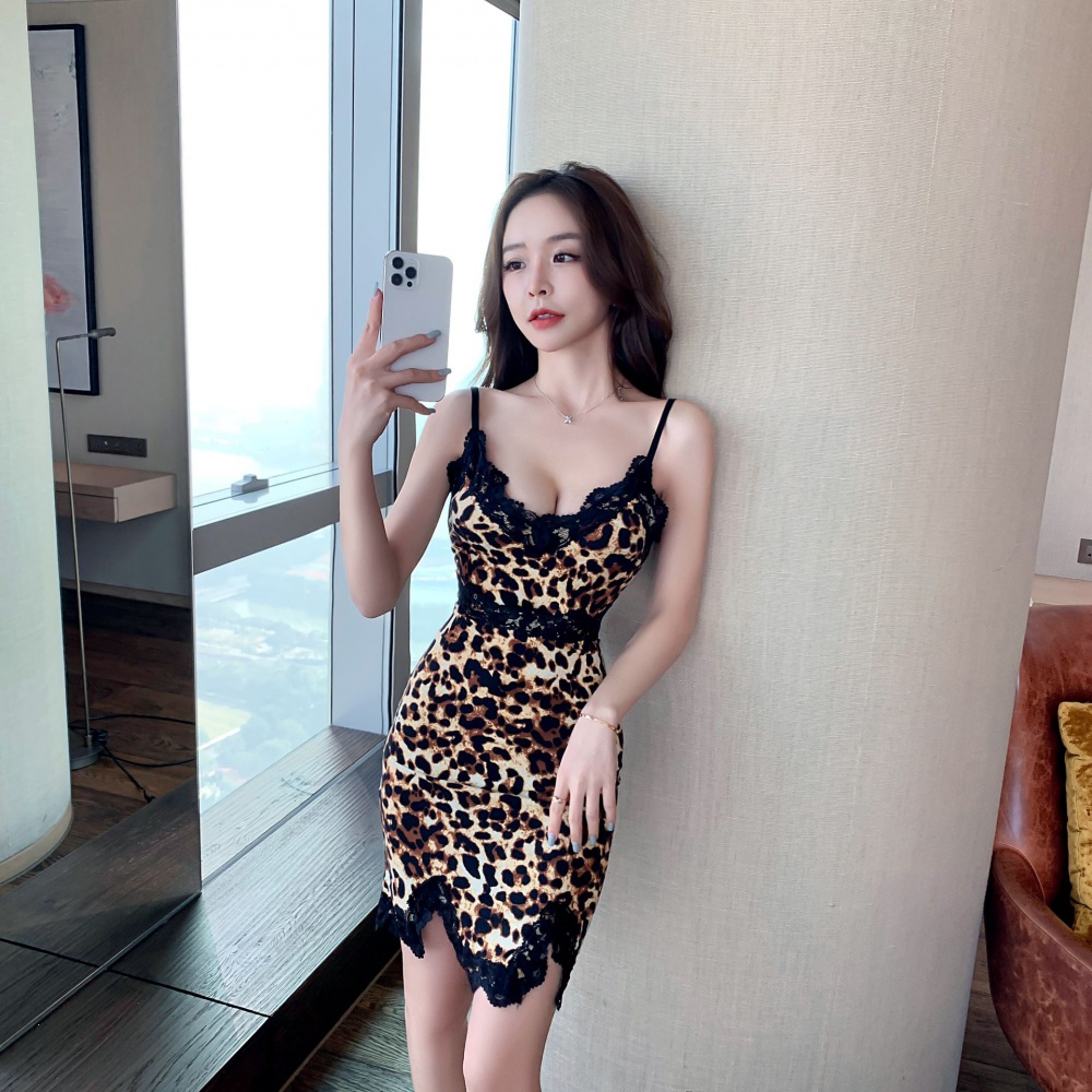 Leopard European style strap dress low-cut pajamas