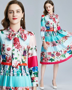 Spring bow fashion big skirt lace creased slim splice dress