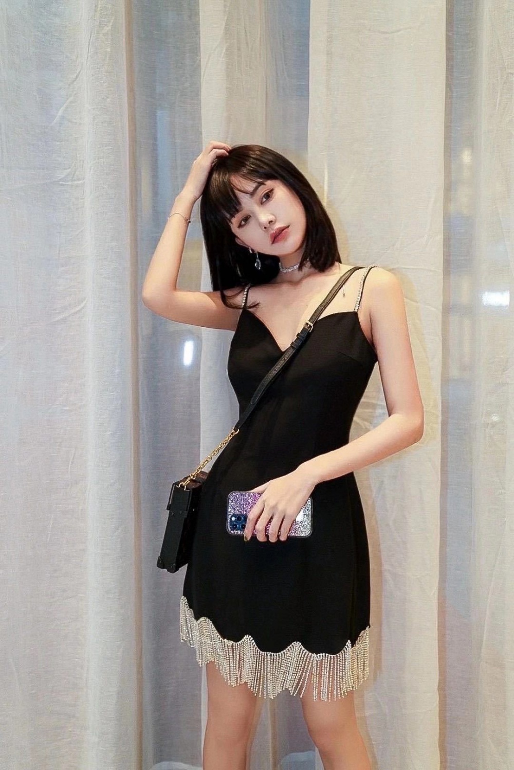 Black sexy tassels spring and summer sling dress
