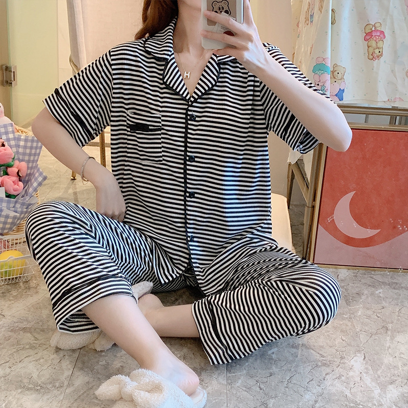 Stripe homewear pajamas cotton cardigan a set for women