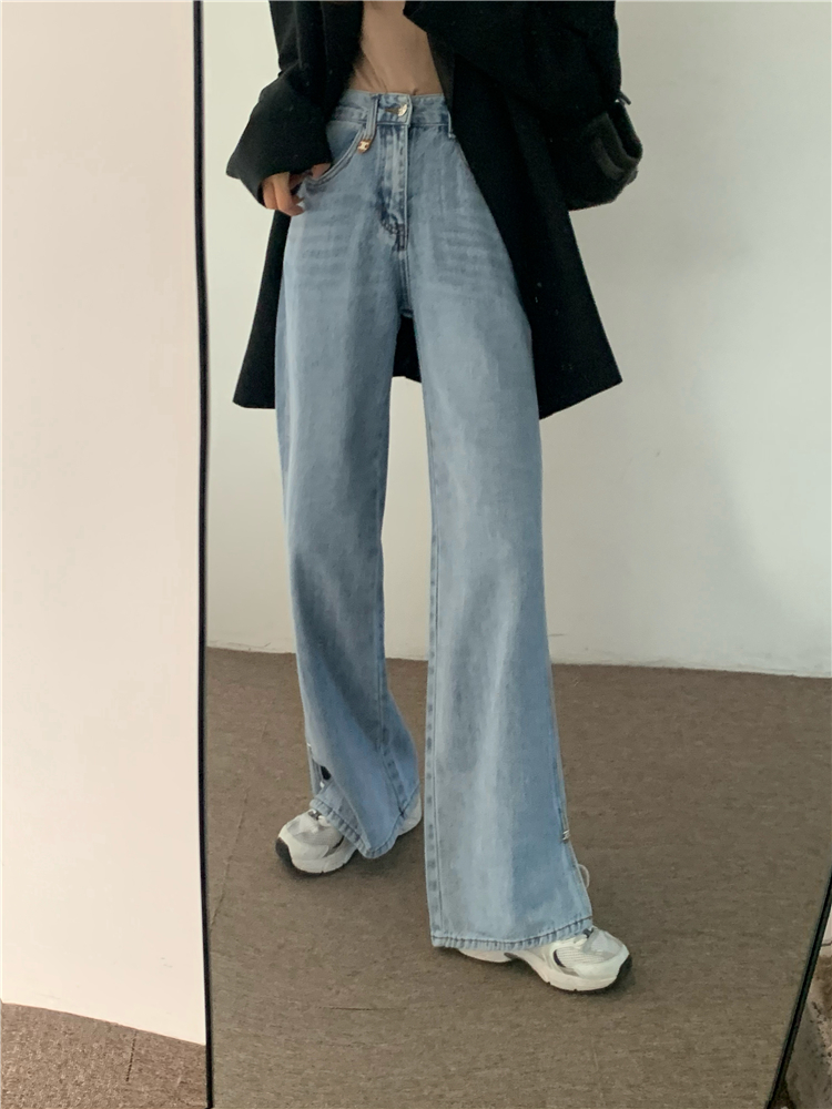 Split all-match slim jeans high waist spring wide leg pants