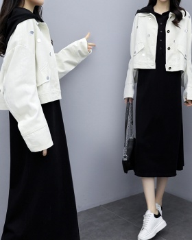 Slim hooded dress spring white tops 2pcs set for women