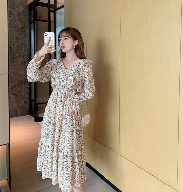 V-neck chiffon Korean style long sleeve dress for women