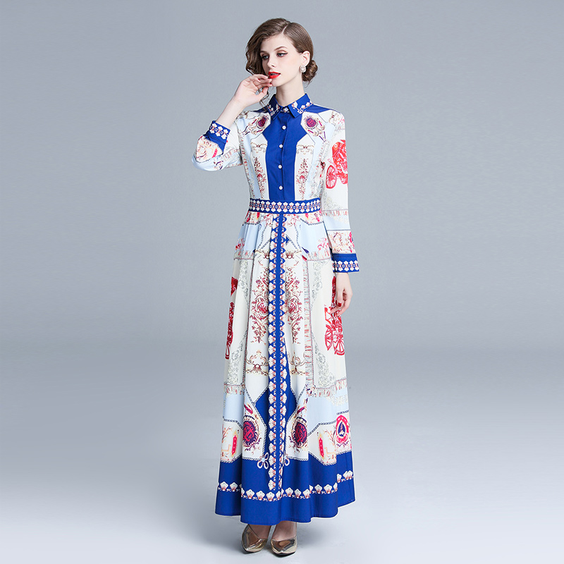 European style slim fashion pinched waist printing dress