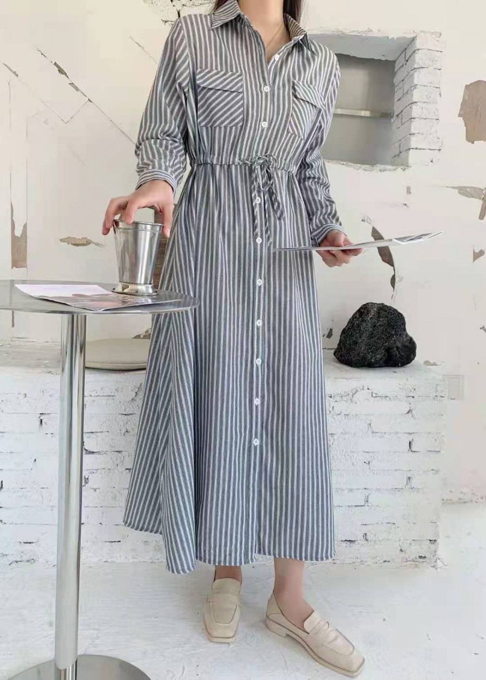 Drawstring cotton linen stripe slim Korean style dress