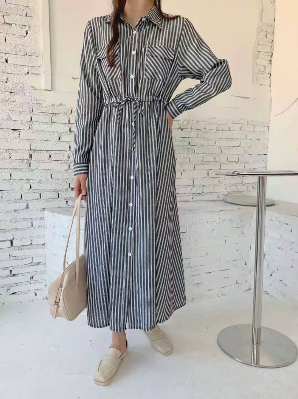 Drawstring cotton linen stripe slim Korean style dress