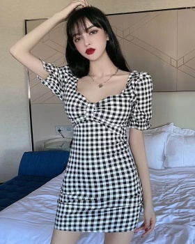Pinched waist spring plaid slim butterfly dress for women