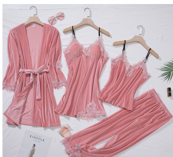 Lace with chest pad nightgown sling pajamas 4pcs set