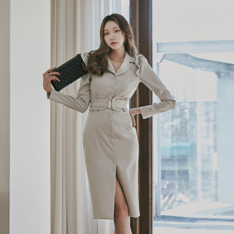 Korean style lapel slim belt split temperament dress