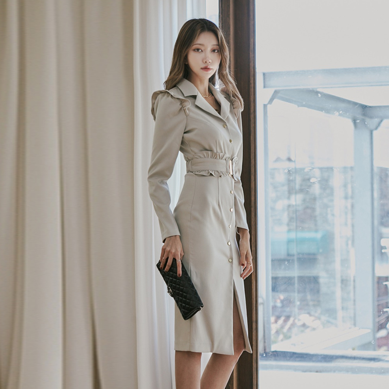 Korean style lapel slim belt split temperament dress