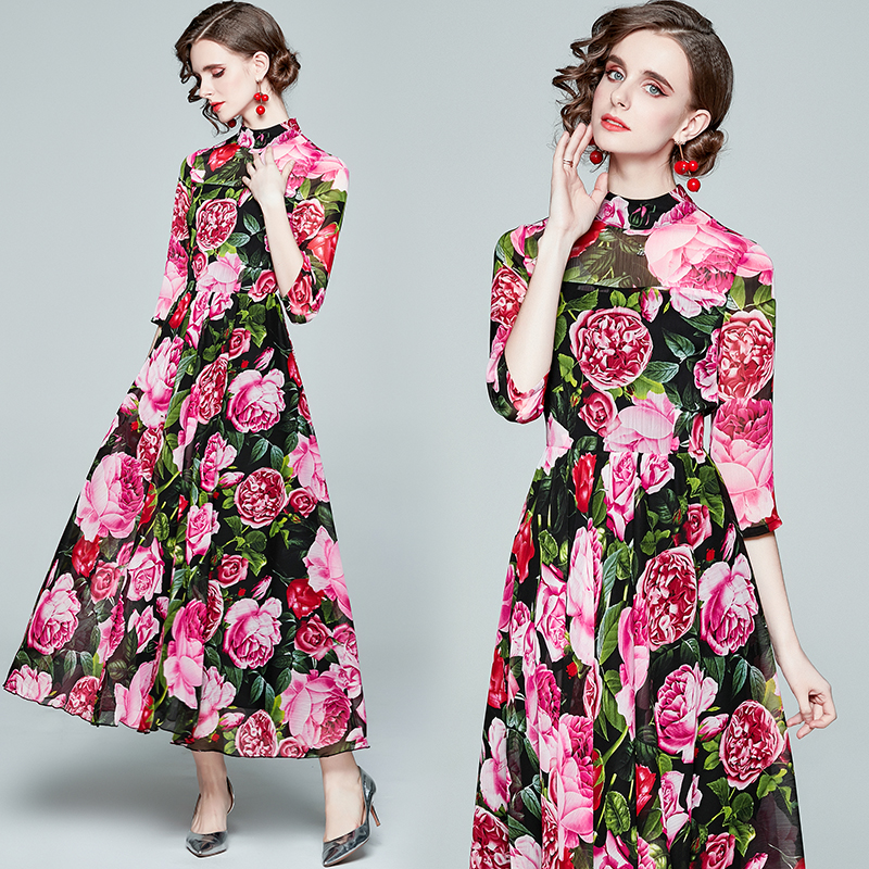 Retro slim pinched waist long dress printing France style dress