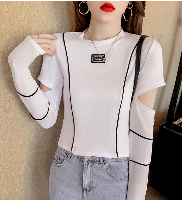 White long sleeve T-shirt short holes tops for women