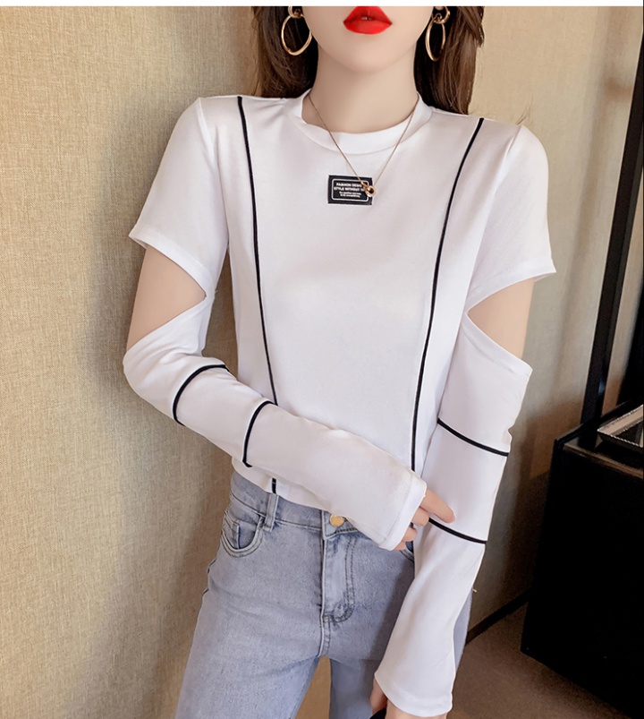 White long sleeve T-shirt short holes tops for women