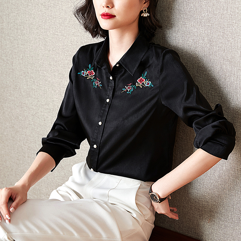 Satin black tops embroidered real silk shirt for women