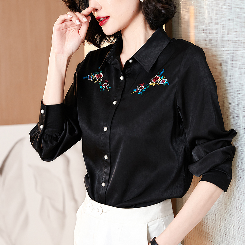 Satin black tops embroidered real silk shirt for women