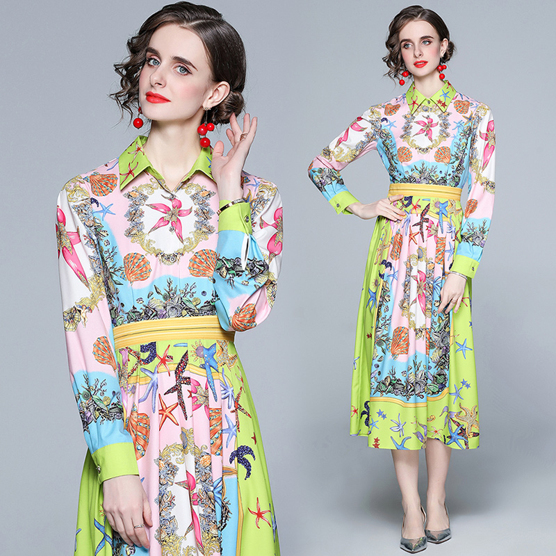 Printing long sleeve national style vacation lapel dress