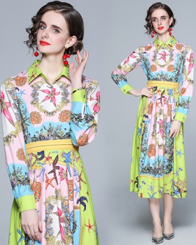 Printing long sleeve national style vacation lapel dress