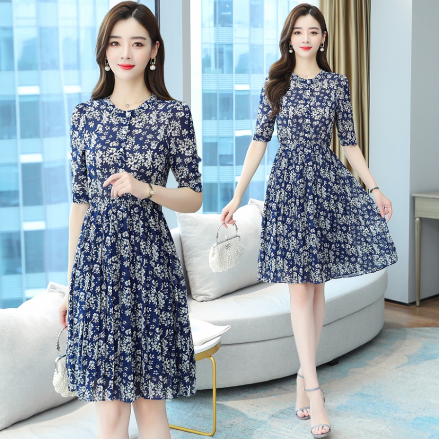 Pinched waist painting floral dress for women