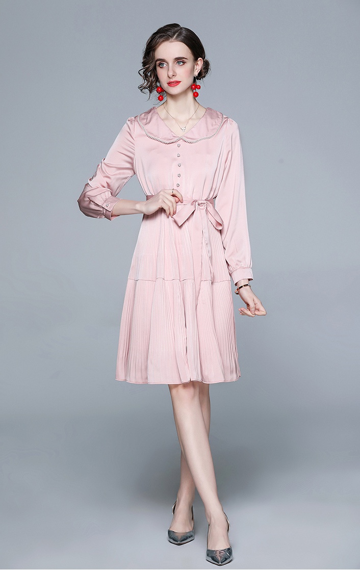 Slim long pleated pink dress for women