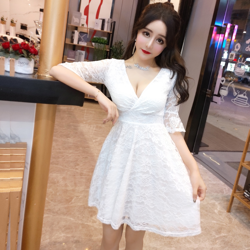 V-neck summer short sleeve lace sexy dress for women