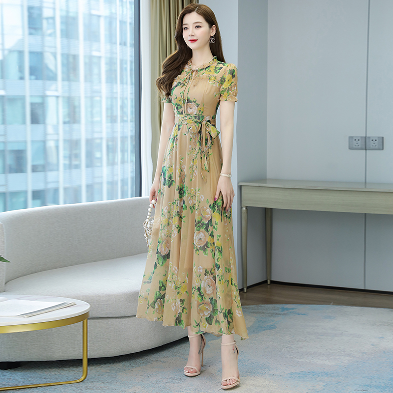 Short sleeve summer long dress pinched waist floral dress